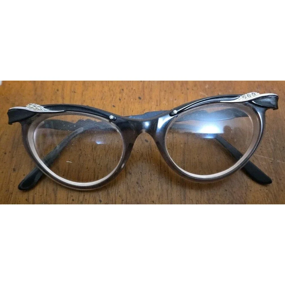 American Optical 1960s Aluminum Frame Cat Eye Glasses Brown Tan Rhinestone Vntg